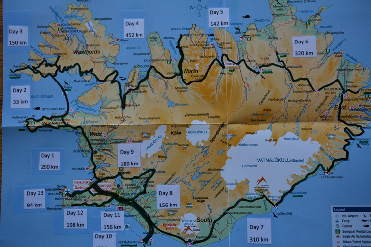 Map of road trip circumnavigating Iceland
