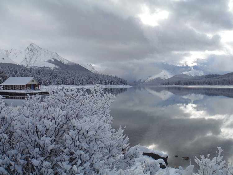 Image of a snowy frosty morning at Maligne Lake in Jasper National Park - Avoid the Winter Blues.