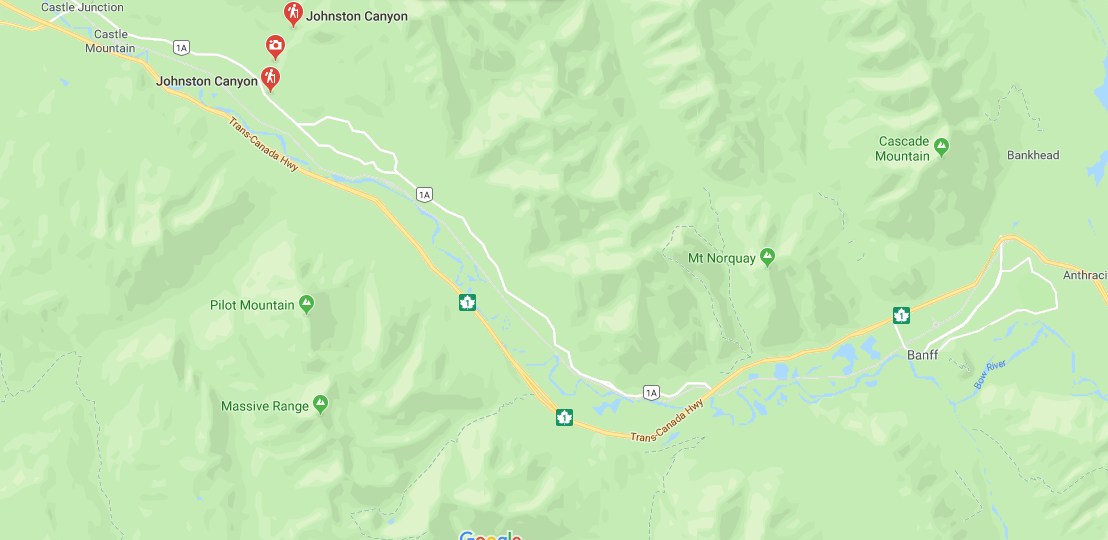 An image of a map to the Johnston Canyon Trailhead in  Banff National Park, Alberta - Johnston Canyon Winter Hike and ink pots hike