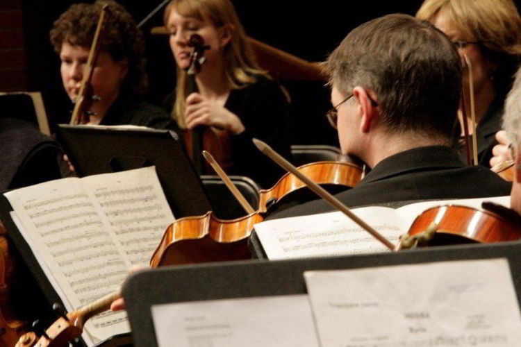 An image of musicians playing violins at the Red Deer Symphony Orchestra in Red Deer, Alberta, Canada. 