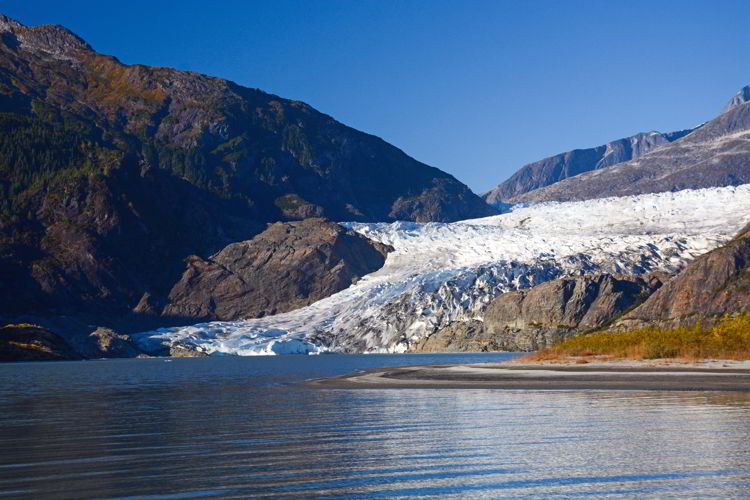 An image of Mendenhall Glacier and Mendenhall Lake near Juneau, Alaska
