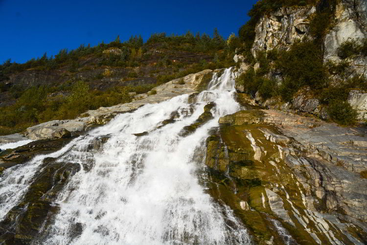 An image of Nugget Falls by the Mendenhall Glacier near Juneau, Alaska