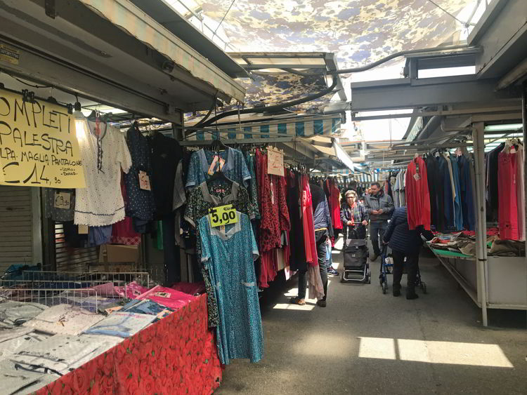 An image of the clothes market in Livorno, Italy.