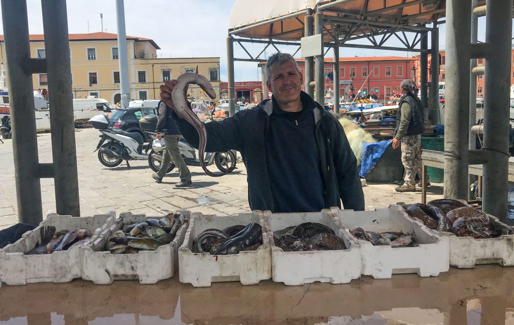 An image of a fiherman holding a fish in Livorno, Italy - exploring Livorno cruise port.