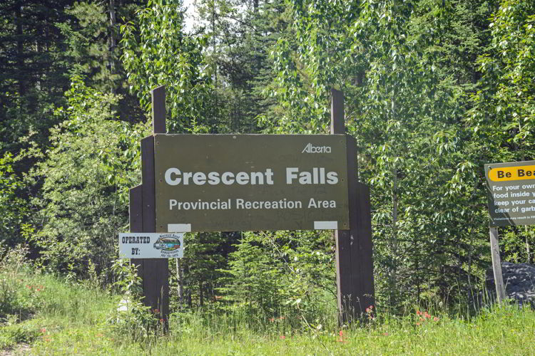 An image of the Crescent Falls Provncial Recreation Area Sign in David Thompson Country, Alberta. 
