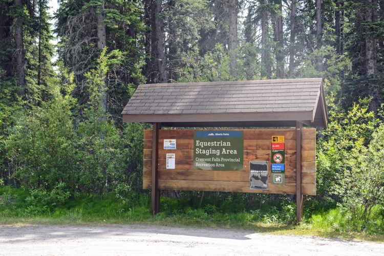 An image of the equestrian day use area sign at Crescent Falls in David Thompson Country, Alberta.