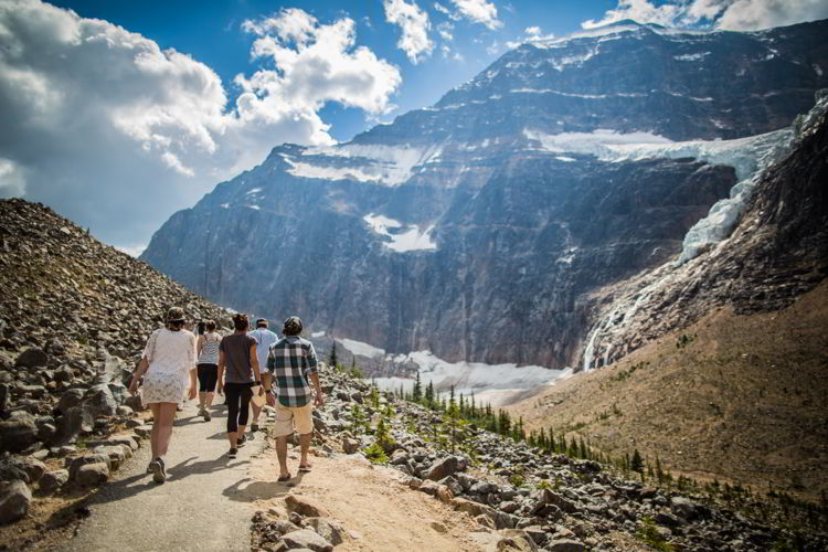 An image of a group of hikers on the Mt. Edith Cavell Trail in Jasper National Park, Alberta - Jasper hikes