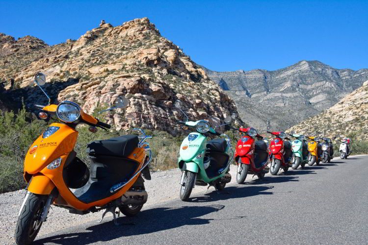 An image of scooters lined up in Red Rock Canyon Conservation area out side Las Vegas, Nevada. 