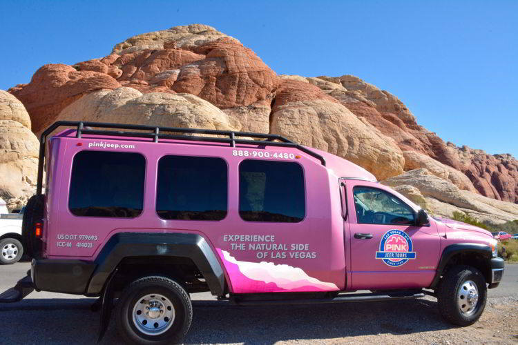An image of the pink jeep used to transport guests on a