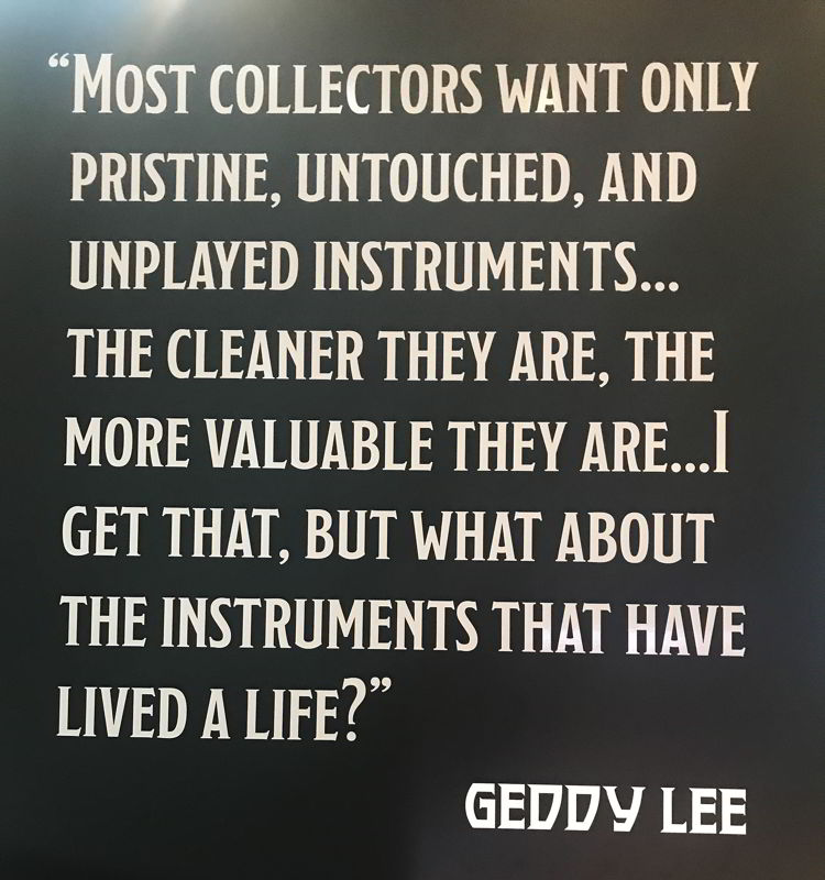 An image of a quote by Geddy Lee about his bass guitar collection. 