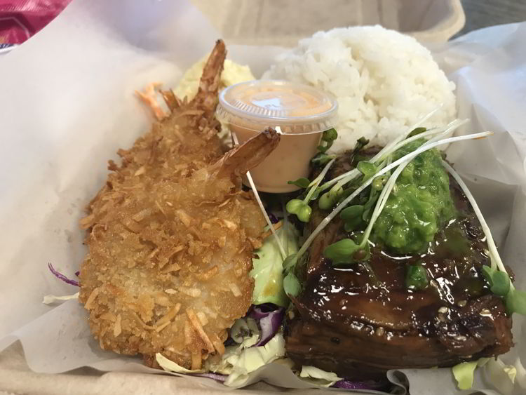 An image of the ribs and coconut shrimp from Joey's Kitchen in Kāʻanapali, Maui. 