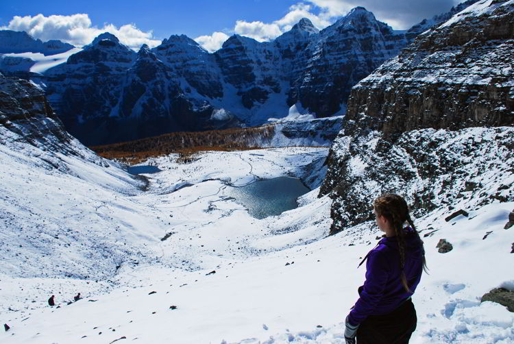 An image of the Sentinel Pass Trail in autumn in Banff National Park, Alberta, Canada. 