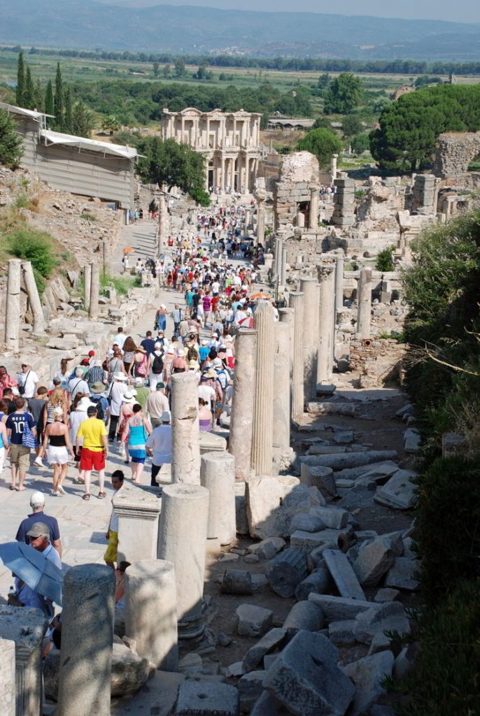 An image of the ruins of Ephesus and the crowds of people - Ephesus tour. 