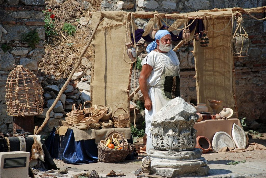An image of a vendor outside the ruins of Ephesus. 