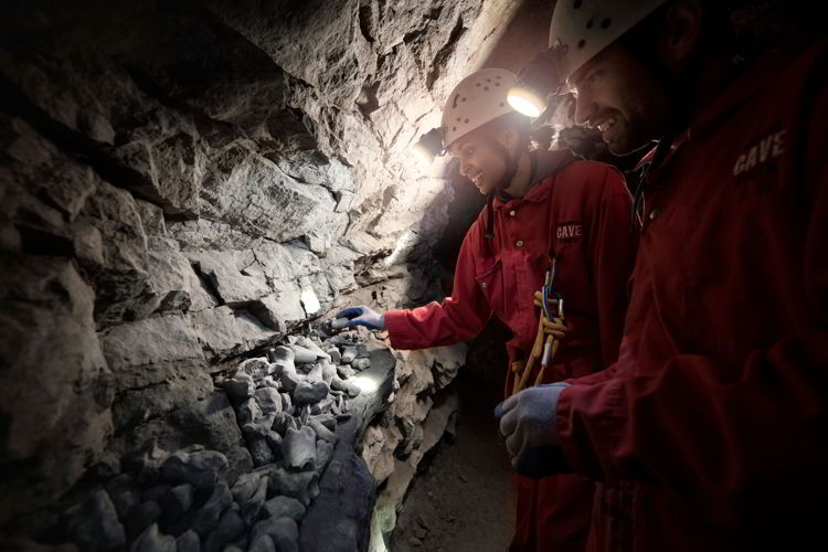 An image of people looking at bones in the Rat's Nest Cave near Canmore, Alberta.