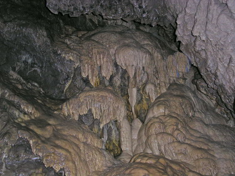 An image of the rock formations inside the Rat's Nest Cave in Canmore, Alberta, Canada.