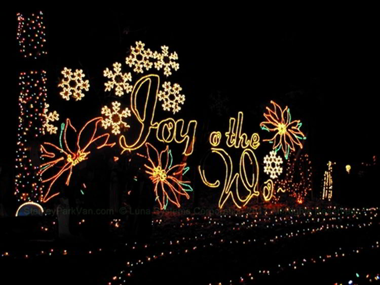 An image of a light display at Stanley Park in Vancouver during the Bright Nights Festival in Vancouver, BC, Canada. 