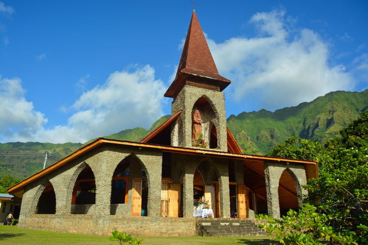 An image of the Catholic church on Tahuata Island in the Marquesas Islands of French Polynesia - as seen on an Aranui 5 cruise. 