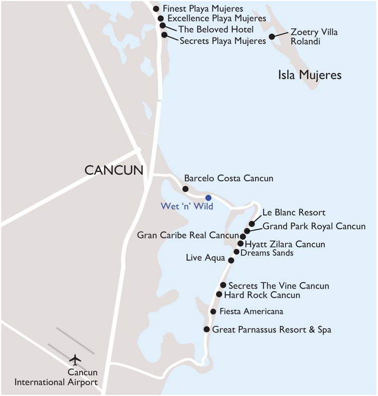 An image of a map of Cancun and Costa Mujeres Mexico.