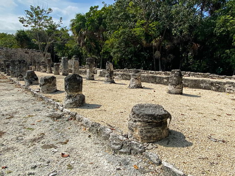 An image of some columns at the El Meco archaeological site in Cancun, Mexico. 