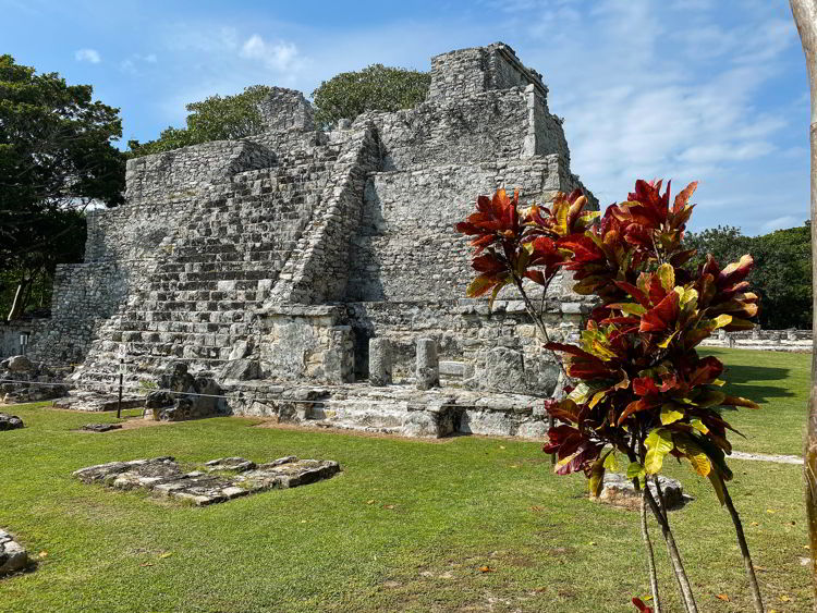 An image of El Castillo at the El Meco Archaeological site in Cancun, Mexico.  