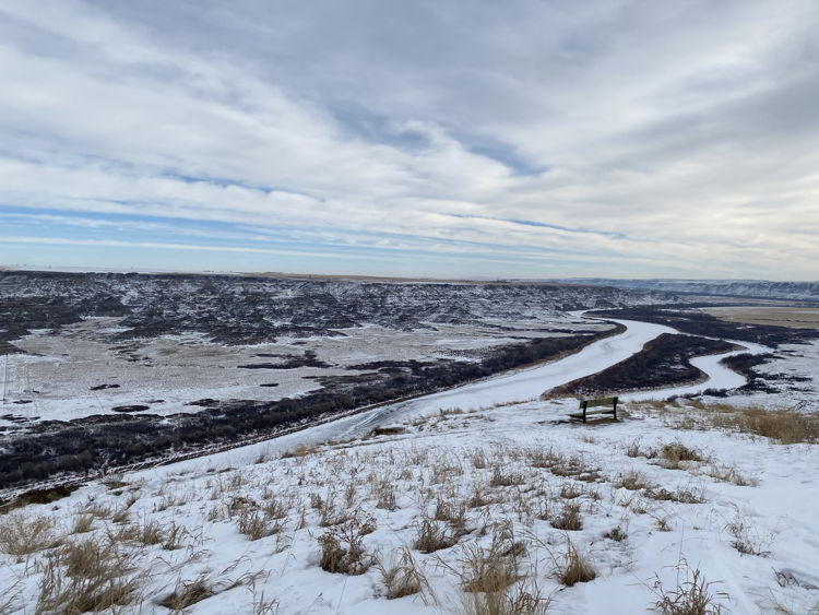 An image of the Orkney Viewpoint in winter -things to do in Drumheller, Alberta. 