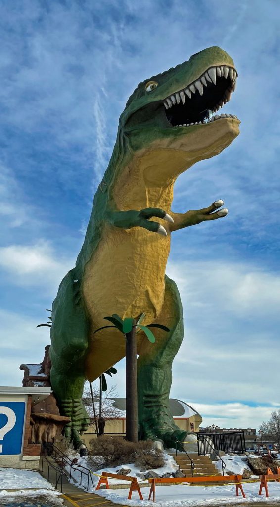 An image of the world's largest dinosaur in Drumheller, Alberta during the winter. 