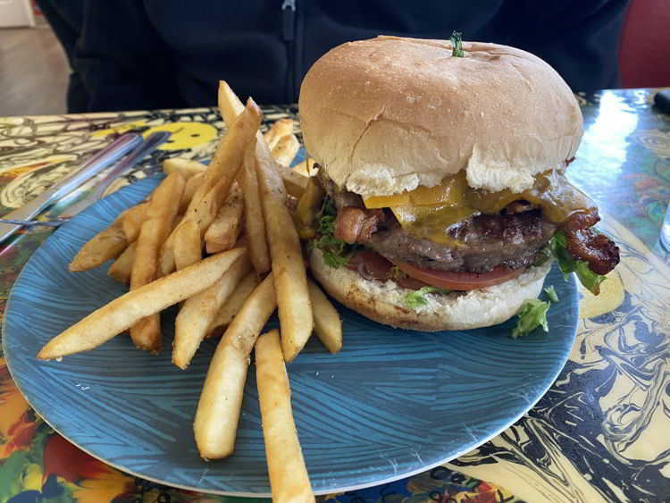 An image of a burger and fries from Bernie and the Boys Bistro in Drumheller, Alberta. 