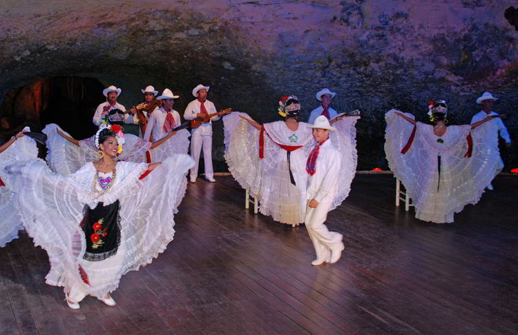 An image of the Xcaret Park evening dance show near Cancun, Mexico. 