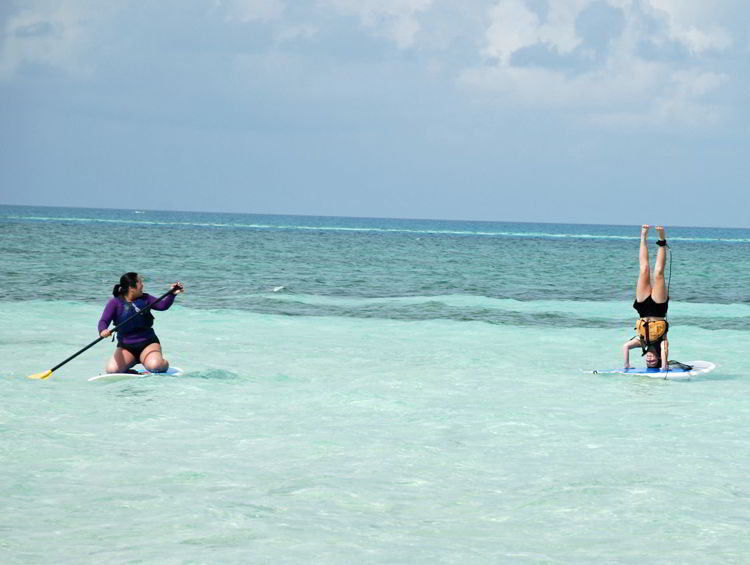 An image of a woman doing a headstand on a stand up paddleboard. - yoga retreat costa rica