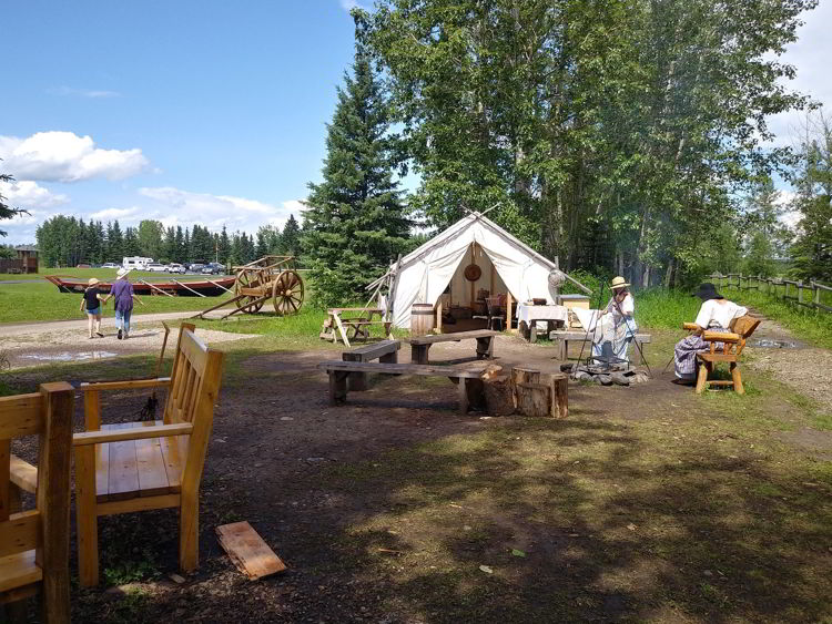 An image of a trapper's tent at Rocky Mountain House National Historic Site of Canada - Glamping in Alberta. 