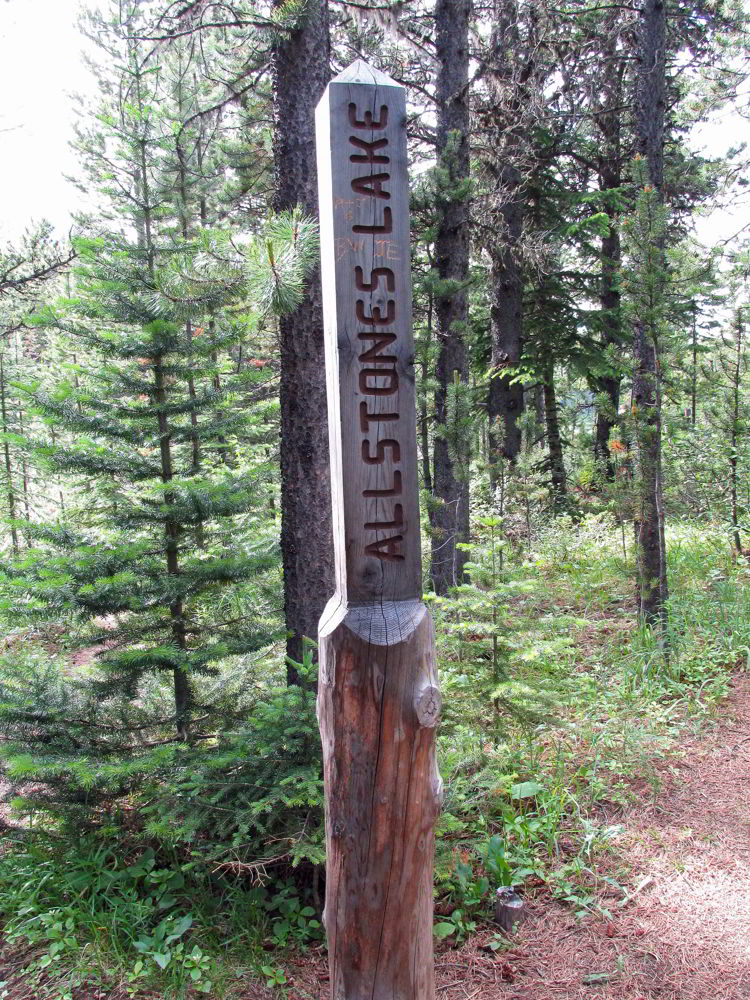 An image of the Allstones Lake trail marker in Bighorn Backcountry, Alberta, Canada. 