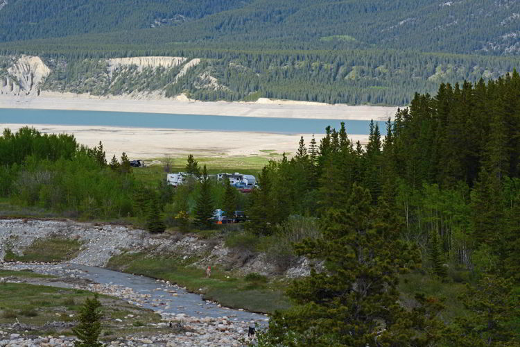 An image of some campsites at the far end of Abraham Lake in Alberta, Canada. 