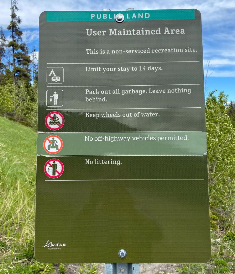 An image of a random camping sign near Abraham Lake in Alberta, Canada. 