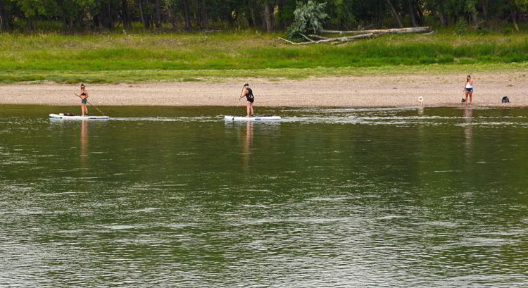 An image of two women stand up paddleboarding on the South Saskatchewan River near Medicine Hat, Alberta, Canada.