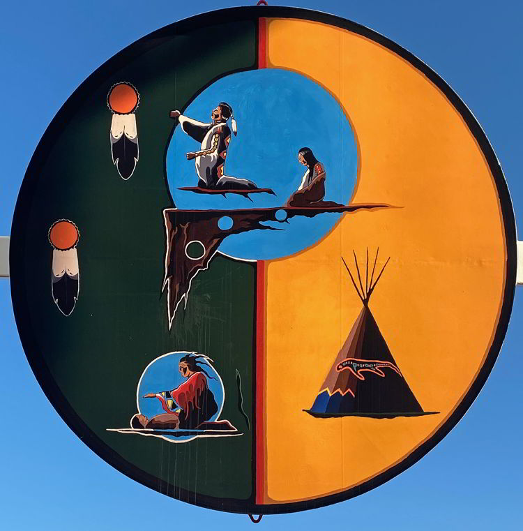 An image of a mural inside the Saamis Tepee in Medicine Hat, Alberta, Canada. World's largest tepee. 