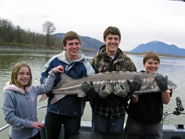 An image of four children holding a white sturgeon in the Fraser River.