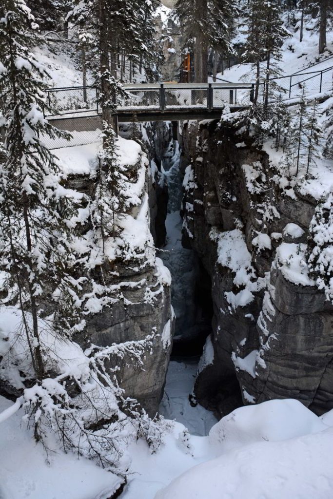 An image of a bridge inside Maligne Canyon in winter - Jasper icewalk. 