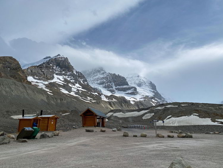 An image of the bathrooms and trailhead near the toe of the Athabasca Glacier in Jasper National Park in Alberta, Canada. 