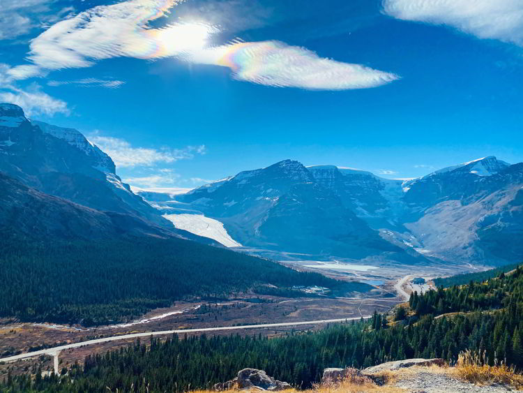 An image of the Athabasca Glacier as seen from the Wilcox Pass trail on the Icefields Parkway in Jasper National Park in Alberta, Canada. 