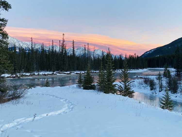 An image of the Bow Valley Parkway in winter in Banff National Park, Alberta, Canada - from Banff to Jasper drive. 