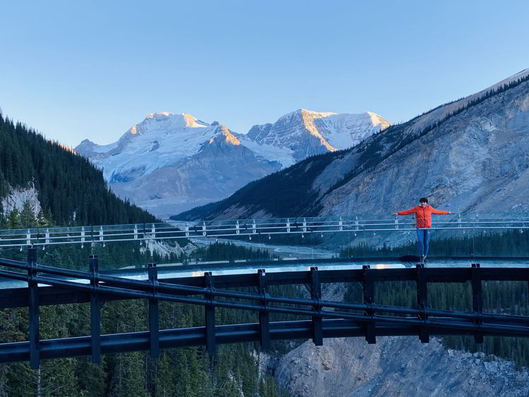 An image of a woman standing on the Glacier Skywalk in Jasper National Park, Alberta, Canada. 