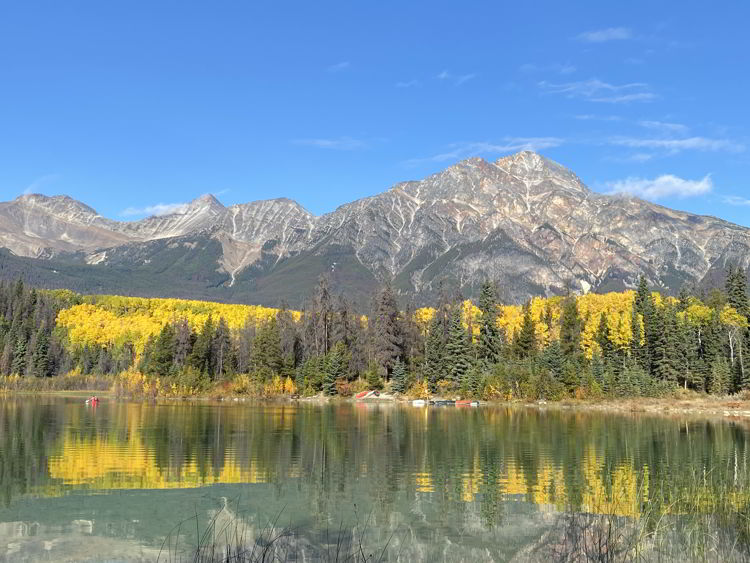 An image of Patricia Lake in autumn in Jasper National Park in Alberta, Canada. 
