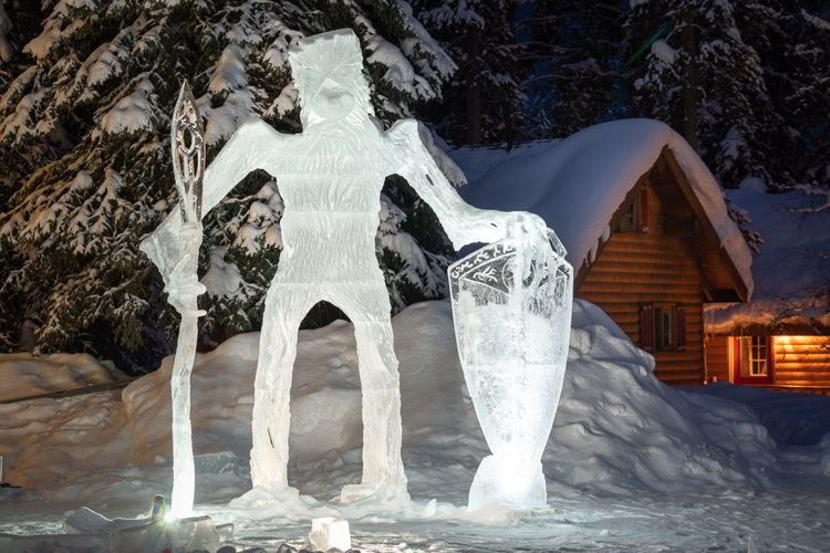An image of a sasquatch ice sculpture at Baker Creek Mountain Resort in Banff National Park near Lake Louise, Alberta, Canada. 