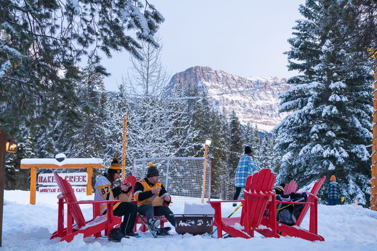 An image of the outdoor skating rink at Baker Creek Mountain Resort in Banff National Park near Lake Loise, Alberta, Canada. 