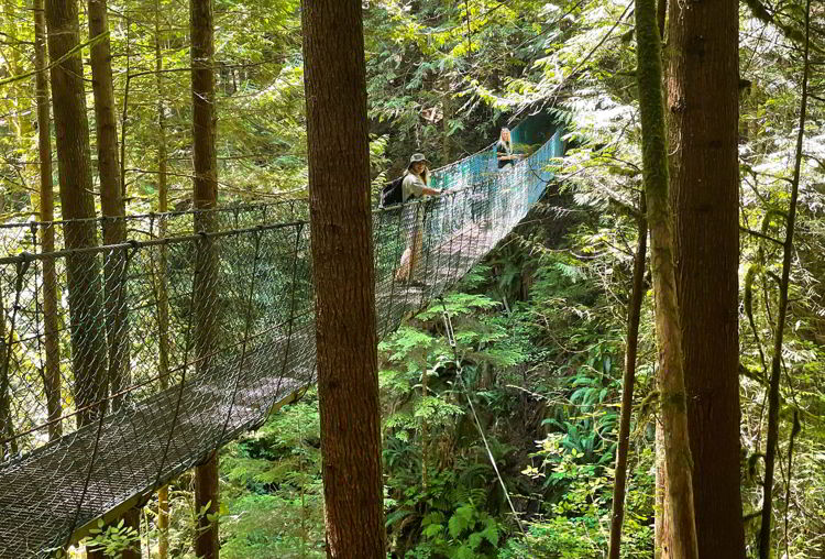 An image of two hikers on a suspension  bridge hiking to Mystic Beach, Vancouver Island in British Columbia, Canada.