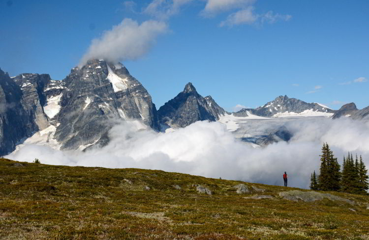 An image of a person hiking in the Purcell Mountains in British Columbia, Canada. 