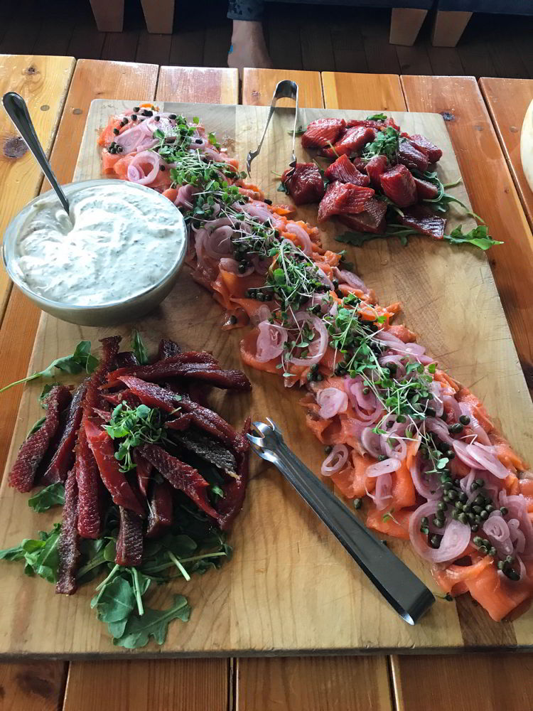 An image of a smoked salmon appetizer at Purcell Mountain Lodge in British Columbia, Canada.