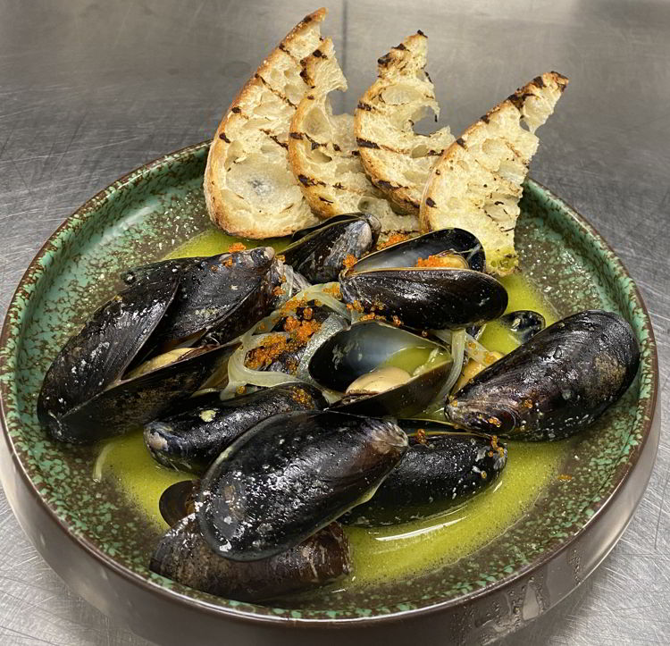 An image of the mussels at Brazen restaurant in Banff, Alberta, Canada. 
