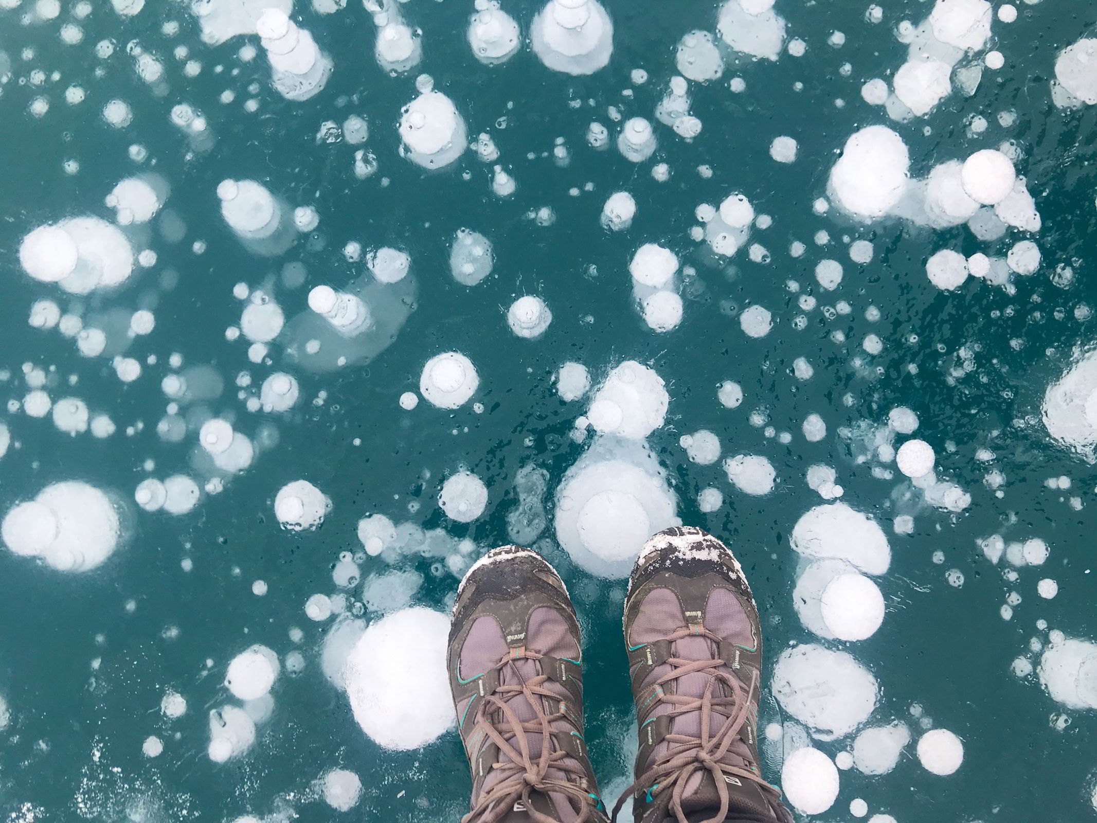 An image of a person standing on the ice bubbles at Abraham Lake in Alberta. Photo by Debbie Olsen